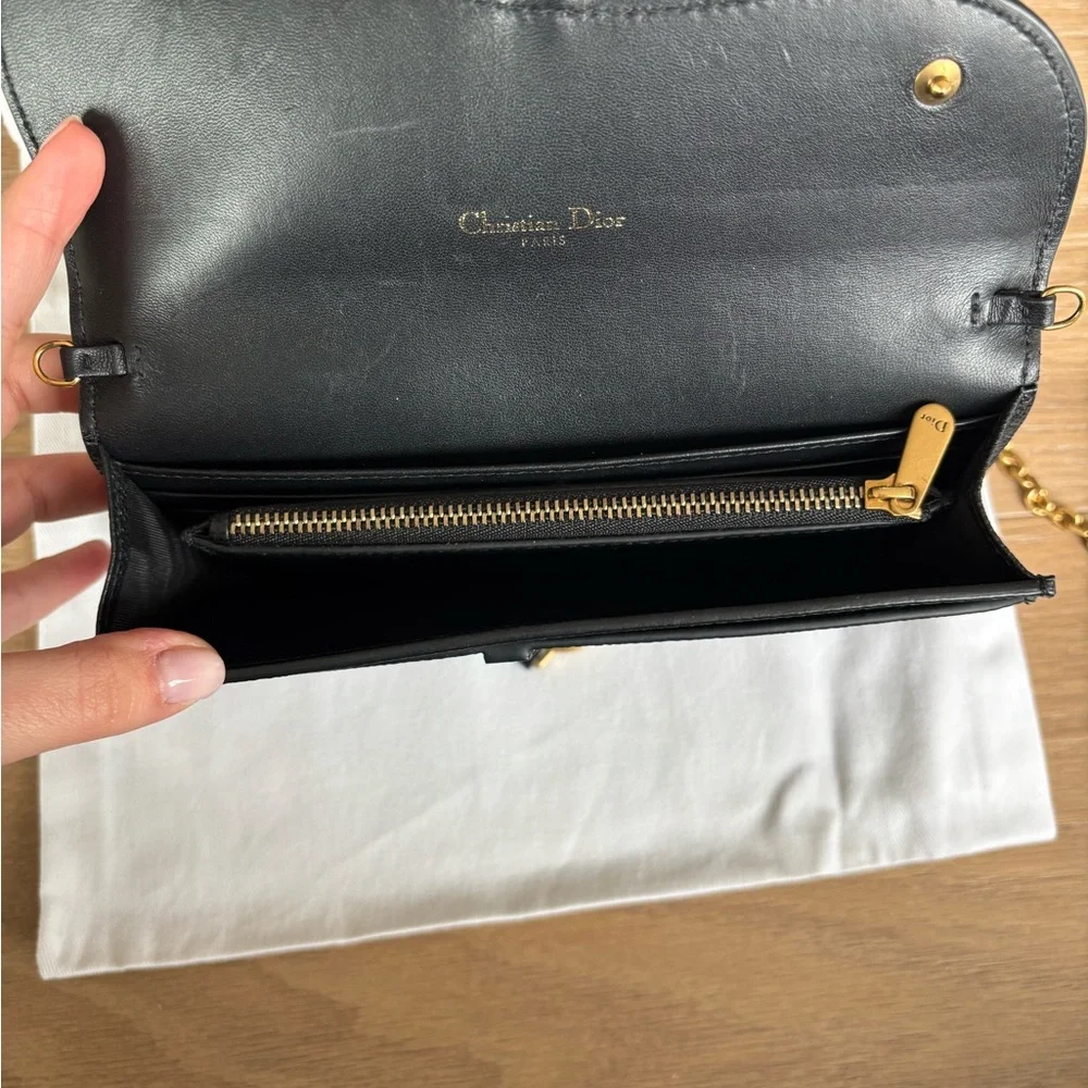 Dior Black Leather Wallet Trio with Gold Chain and D Charm
